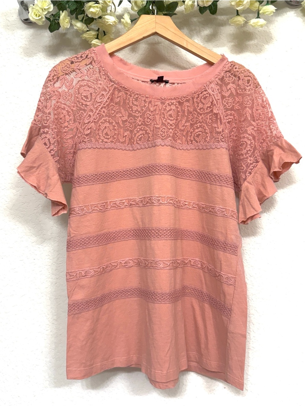 Hannah • Dusty Rose Pink Lace Flutter Sleeve Boho Cotton Top Medium